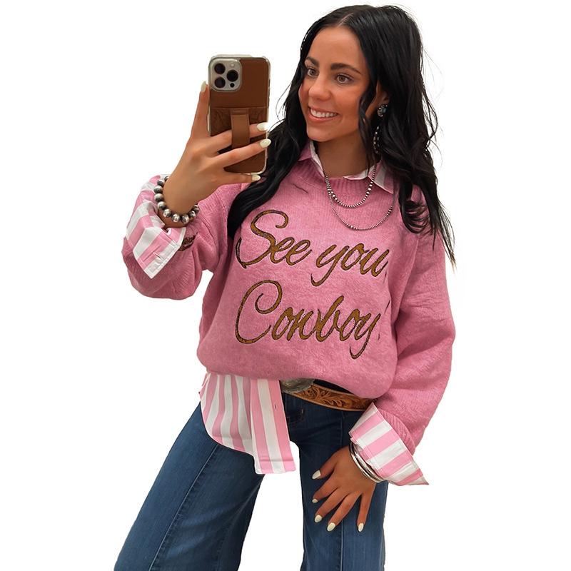 2025 Winter Women's Fashion: Warm Drop Shoulder Letter Embroidery Knit Pullover Sweater