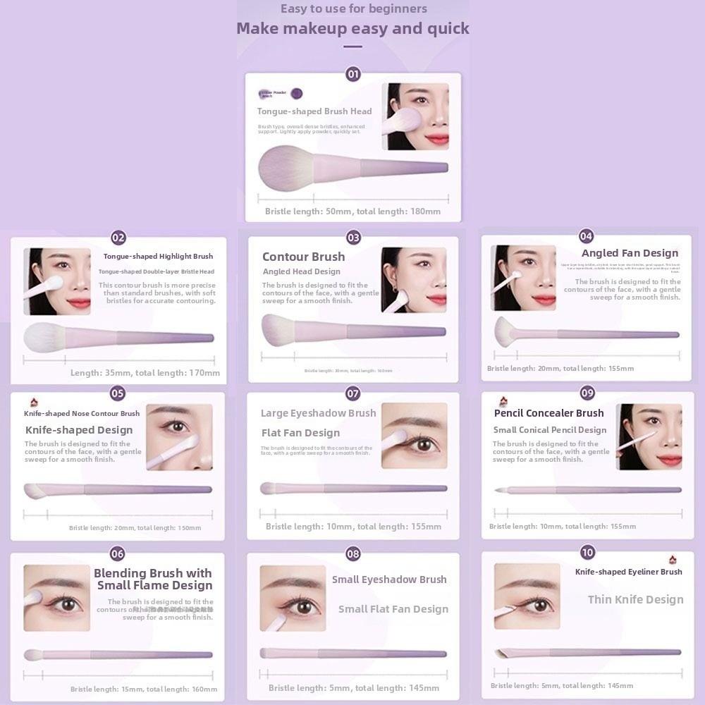10Pcs Durable Super Soft Makeup Brush Set Synthetic Hair Easy To Clean Blush Brush Edge Eyeliner Brush Novice Beginners