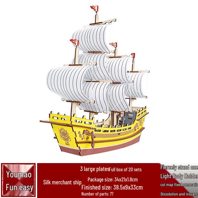 DIY Wooden Ancient Sailing Ship Model Kit: 3D Puzzle, Handmade Silk Merchant Vessel for Adults