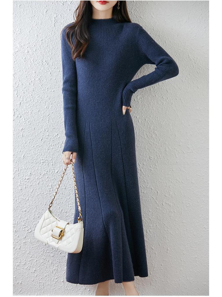 2025 H/W Damen Schlankmachendes Gestricktes Woll A-Linien Midikleid mit Halbhohem Kragen