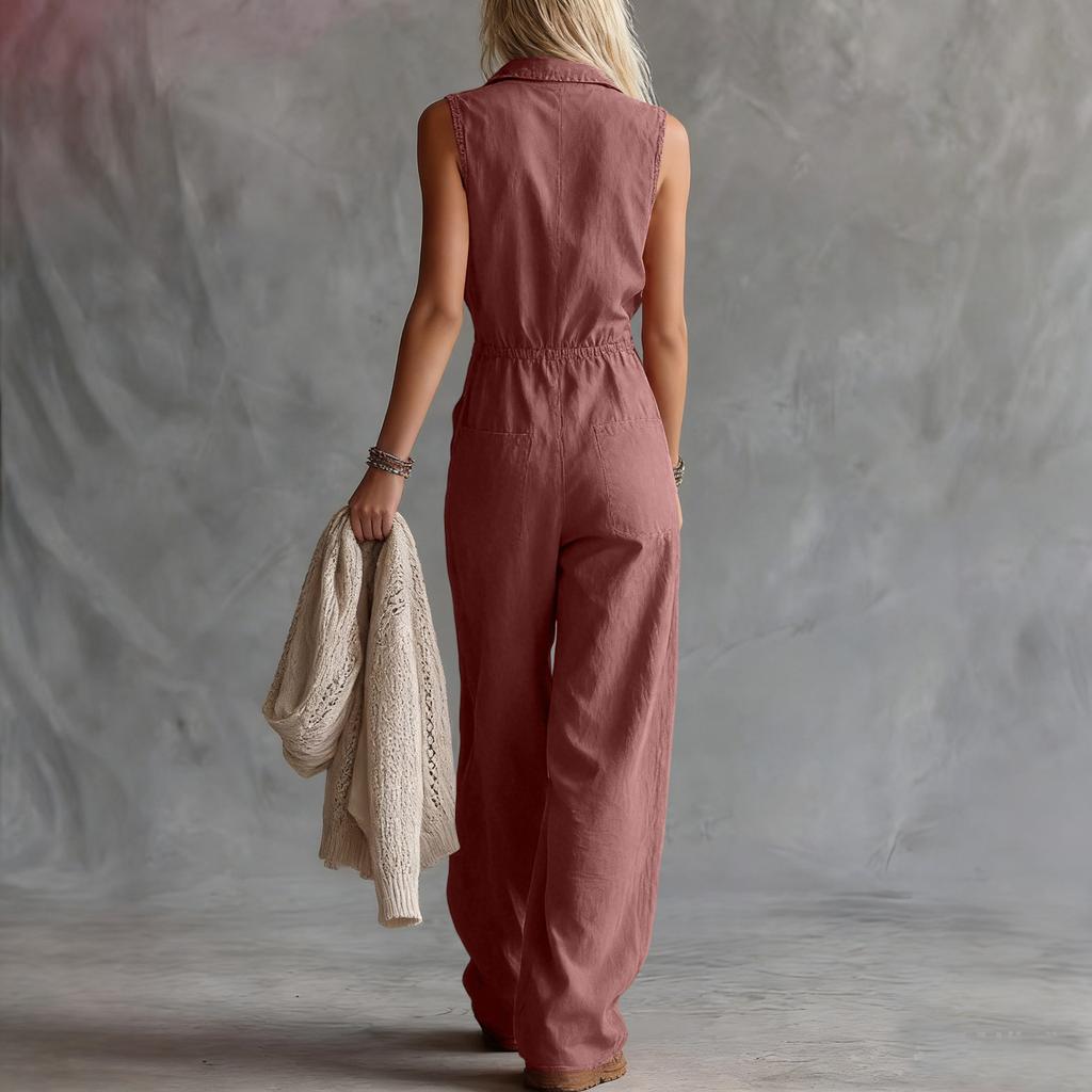 Women's  V-neck Waist Cinched Fashionable Jumpsuit Wide Leg Pants