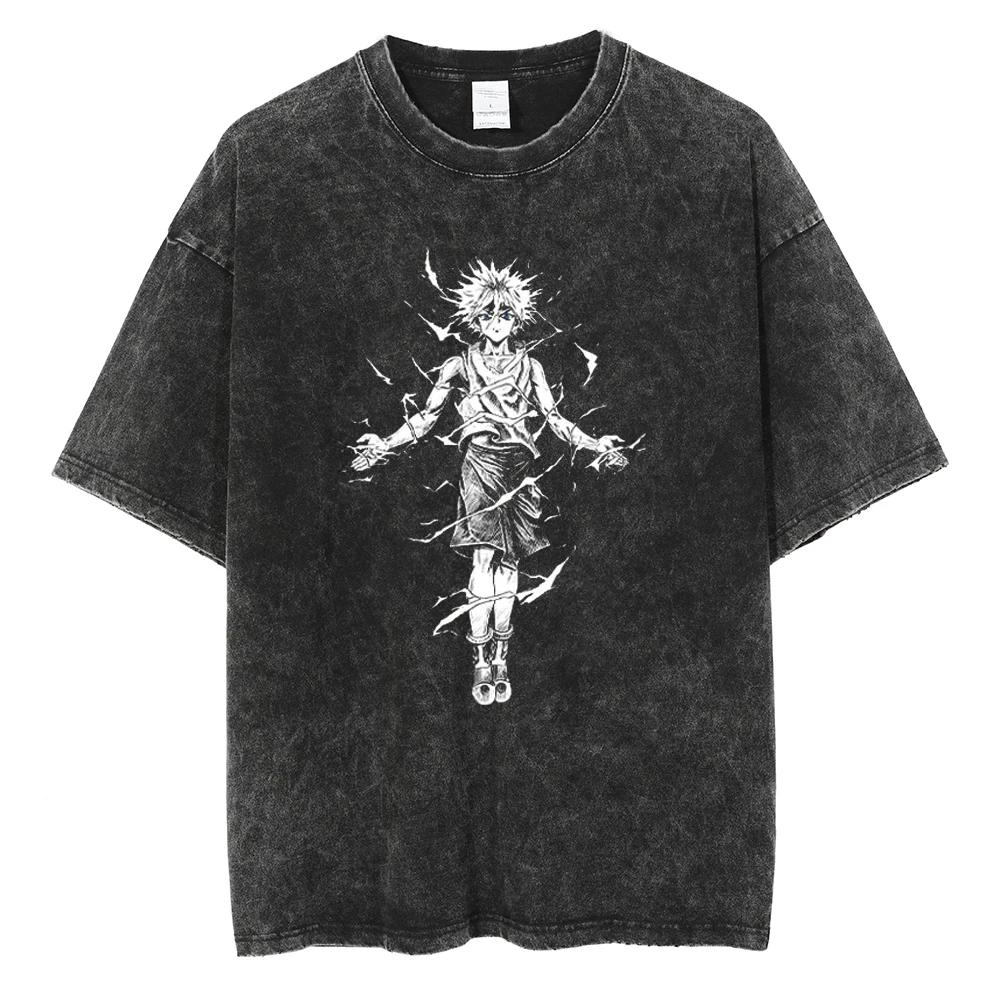 Acid Wash TShirt Anime Graphic Print TShirt Mens Streetwear Vintage Black TShirt Harajuku Oversized Streetwear L