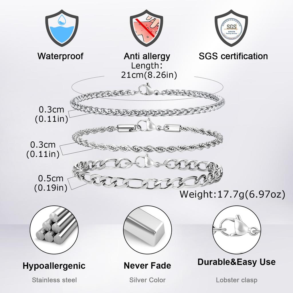 Vnox Men's Stainless Steel Chain Bracelet, 21cm Silver Color Waterproof Unisex Jewelry, Simple Casual Cuban Chain Gift for Him
