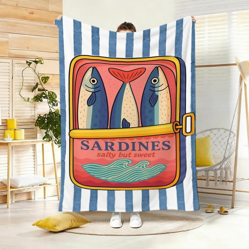Sardine Can Striped Fleece Blanket For Nautical Room Decor Lightweight Plush Throw Blanket Cover