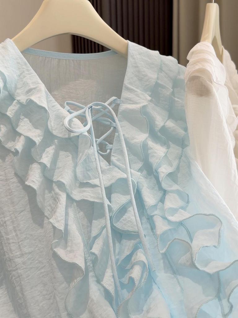 Elegantes V-Ausschnitt Schnür-Rüschen Langarm Damenhemd – Koreanischer Stil, Frühjahrskleidung