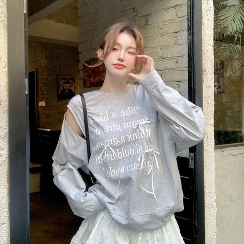 Autumn and Winter New Style Korean Design Bow Hollow Off-shoulder Letter Print Long-sleeved Off-shoulder Sweatshirt for Women