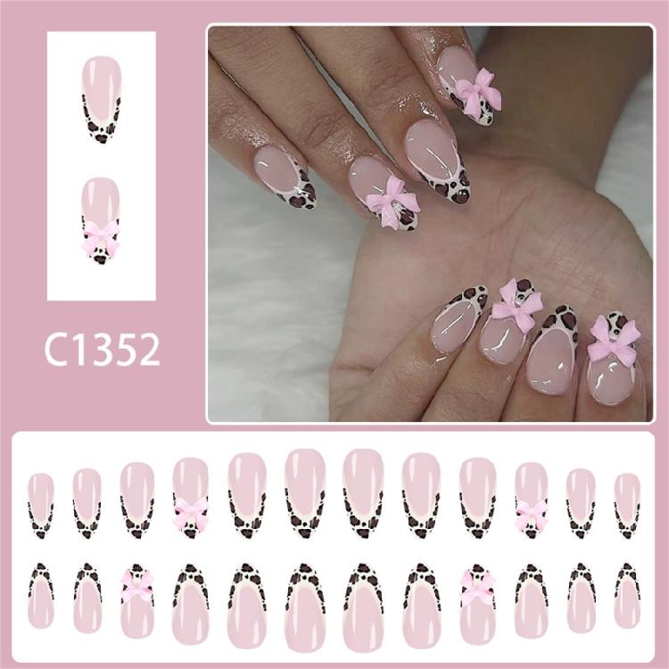 ABS Material Press On Nail Pack of 24 Animal Print Design Glossy Finish French Manicure Nail With Bows Accents
