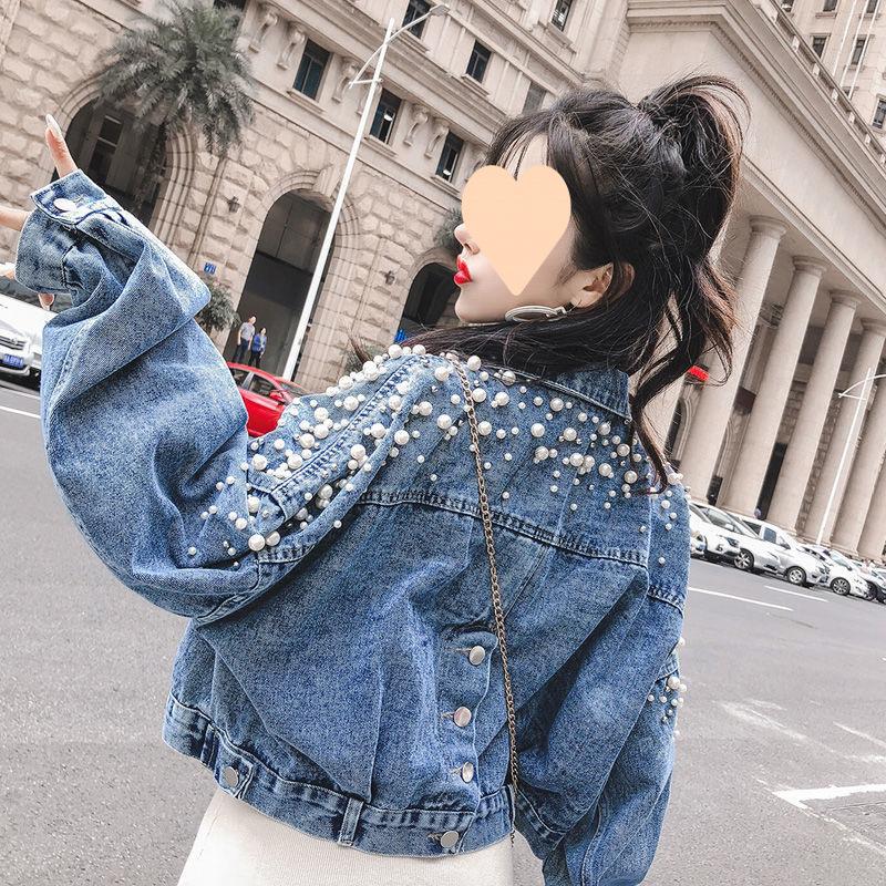 Women Jean Jacket Pearls Beading Spring Autumn Long Sleeve Pockets Denim Jackets Women Loose Outwear Female