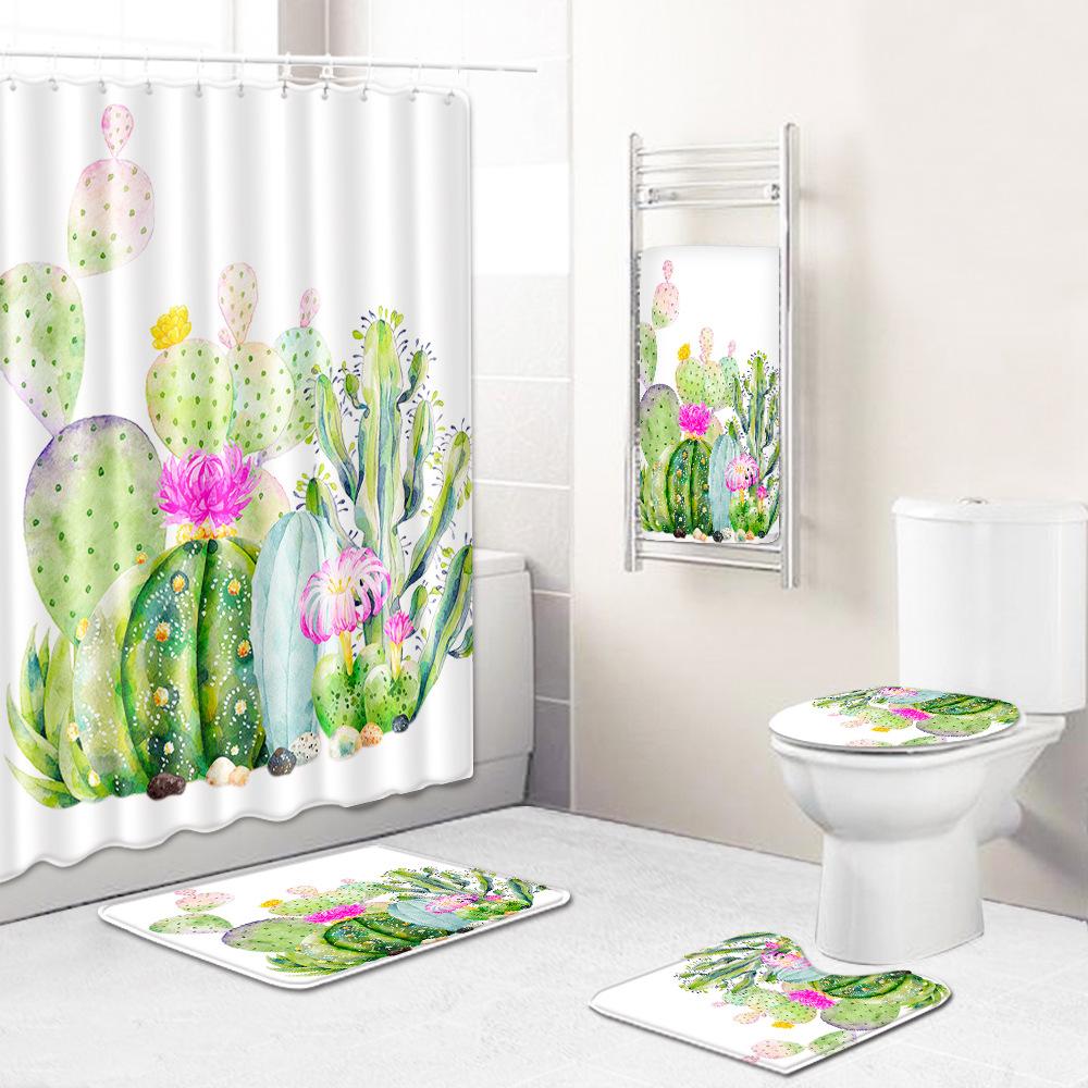 Cactus Bathroom Shower Curtain Bath Towel Floor Mat Five-Piece Set Bathroom Toilet Carpet Shower Foot Mat
