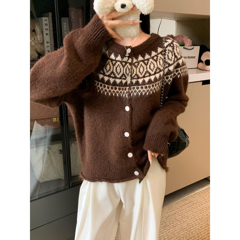 2025 Retro Nordic Fair Isle Loose Knit Cardigan Sweater for Women