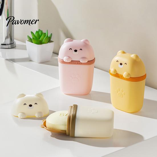 Durable Soap Storage Case Cute Bear Box with Lid, Plastic Holder Protector for Business Trips Drainage Design, Portable Travel Home And Dish Gym