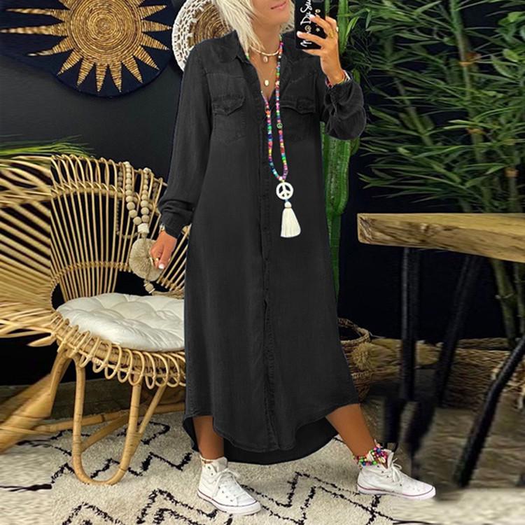2023 European & American Fashion Denim Long Skirt with Shirt Collar