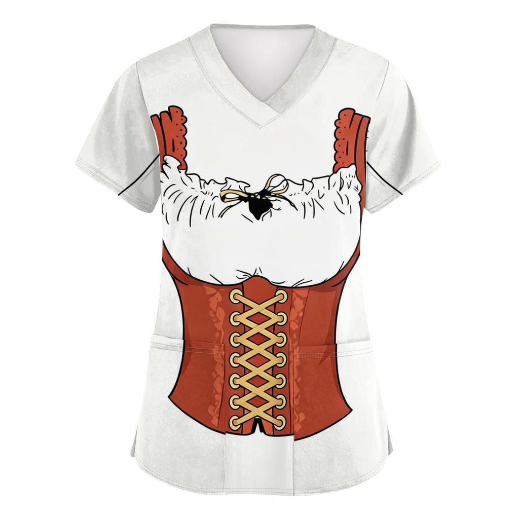 Women V Neck Short Sleeve Work Shirt with Pockets Oktoberfest Printed Top Nursing Uniform Medical Scrub Tee for Healthcare Staff