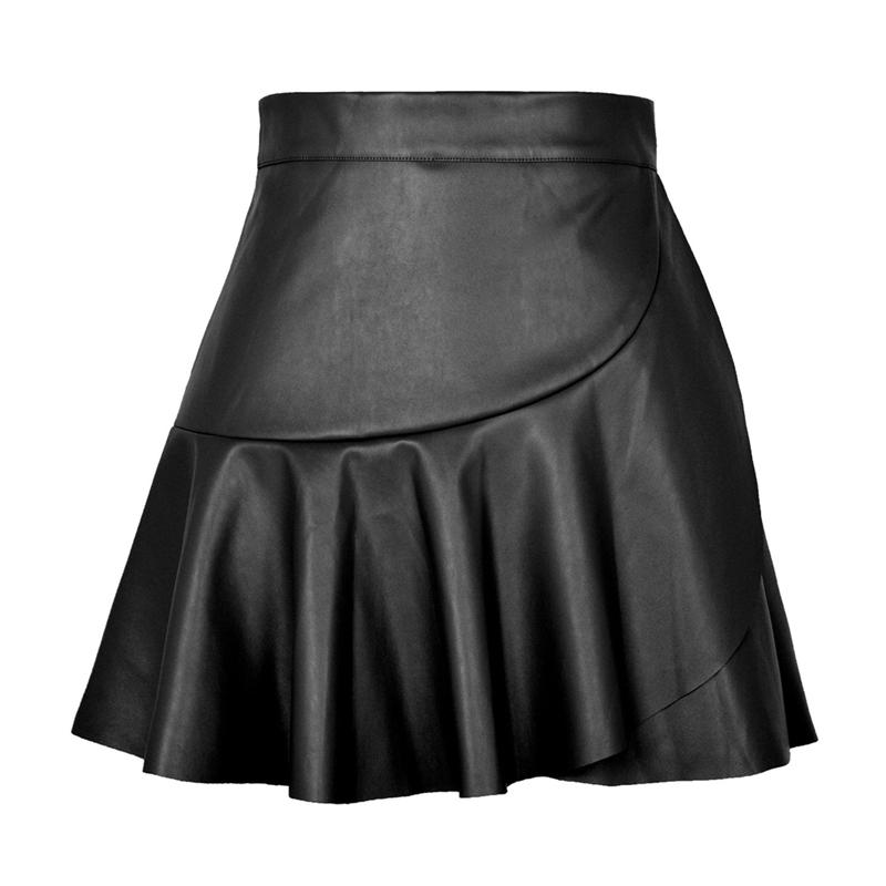 Women High Waist Ruffled PU Leather Skirt