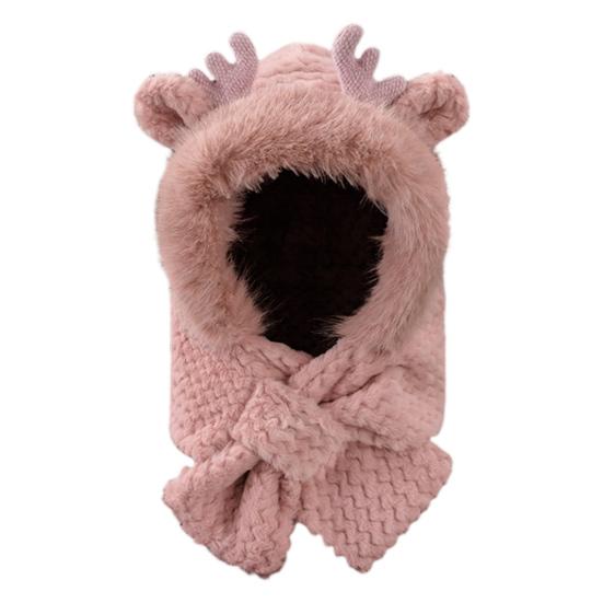 

Зимняя шапка с интегрированным шарфом, декор в виде рогов оленя, плотный плюш, полная защита, трикотажная эластичная, чистая розовый