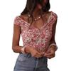 Damen Blume Muster V-Ausschnitt Ärmellos Lässig Schlank Crop Top T-Shirt