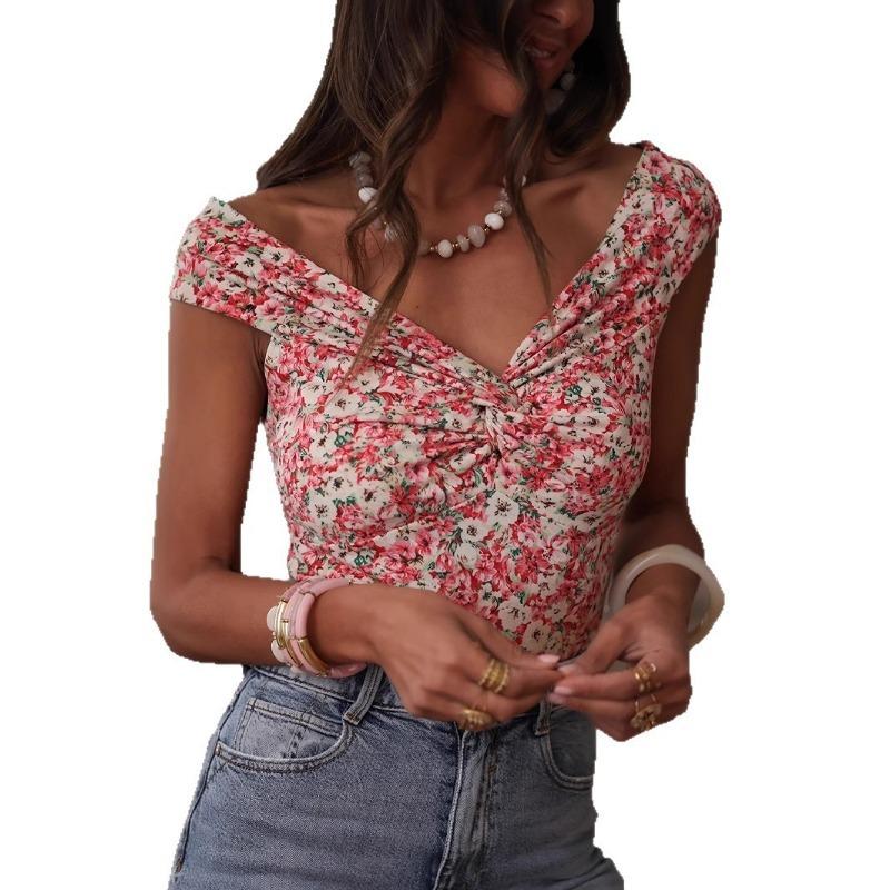 Damen Blume Muster V-Ausschnitt Ärmellos Lässig Schlank Crop Top T-Shirt