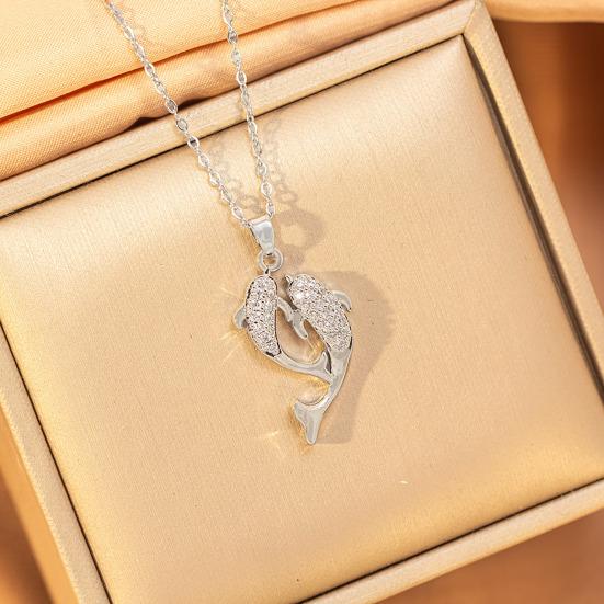 Double Rhinestone Fish Pendant Necklace Lightweight Hypoallergenic Women Couple Dual Dolphin Chain Necklace Fashion Jewelry