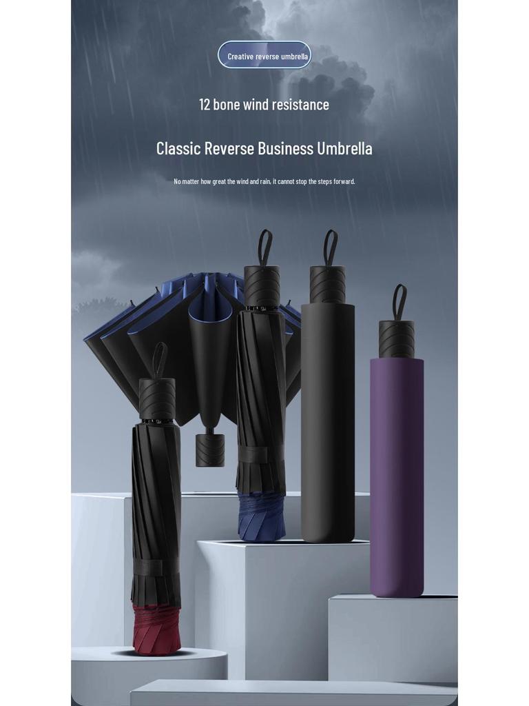 12-Rib Extra Large Folding Umbrella for Rain and Sun - Reinforced, Thick, Three-Person Capacity