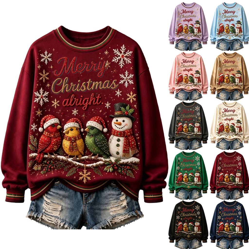 Women's Christmas Print Round Neck Long Sleeve Pullover Top for Holiday Parties and Everyday Wear