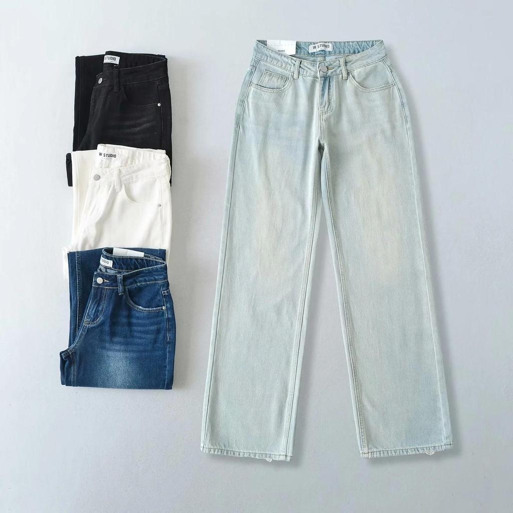 American Low-Waist Straight-Leg Loose Denim Distressed Wide-Leg Floor-Length Pants 2025 Summer Collection