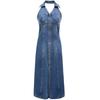 VEROMODA 2024 S/S Elegant Denim Front-Zip Open-Back Midi Dress