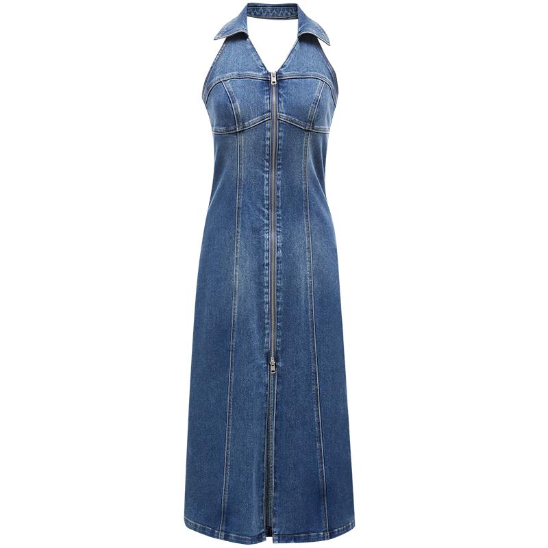

VEROMODA 2024 S/S Elegant Denim Front-Zip Open-Back Midi Dress L