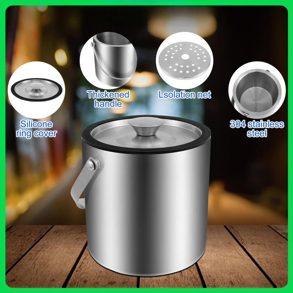 2L Large Capacity Ice Bucket Container Stainless Steel Ice Cube Bucket Double Wall Insulated Ice Bucket