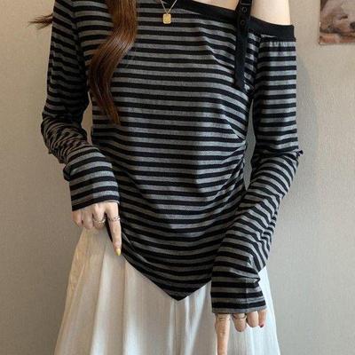 Women's Plus Size Off-the-Shoulder Striped Long-Sleeve Top - Slimming, Belly Concealing, Versatile for Spring & Autumn 2025.