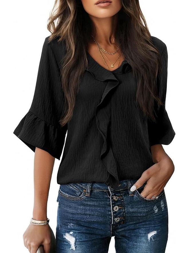 2026 V-neck Pleated Ruffle Loose Women s Top - New Fashion Small чёрный