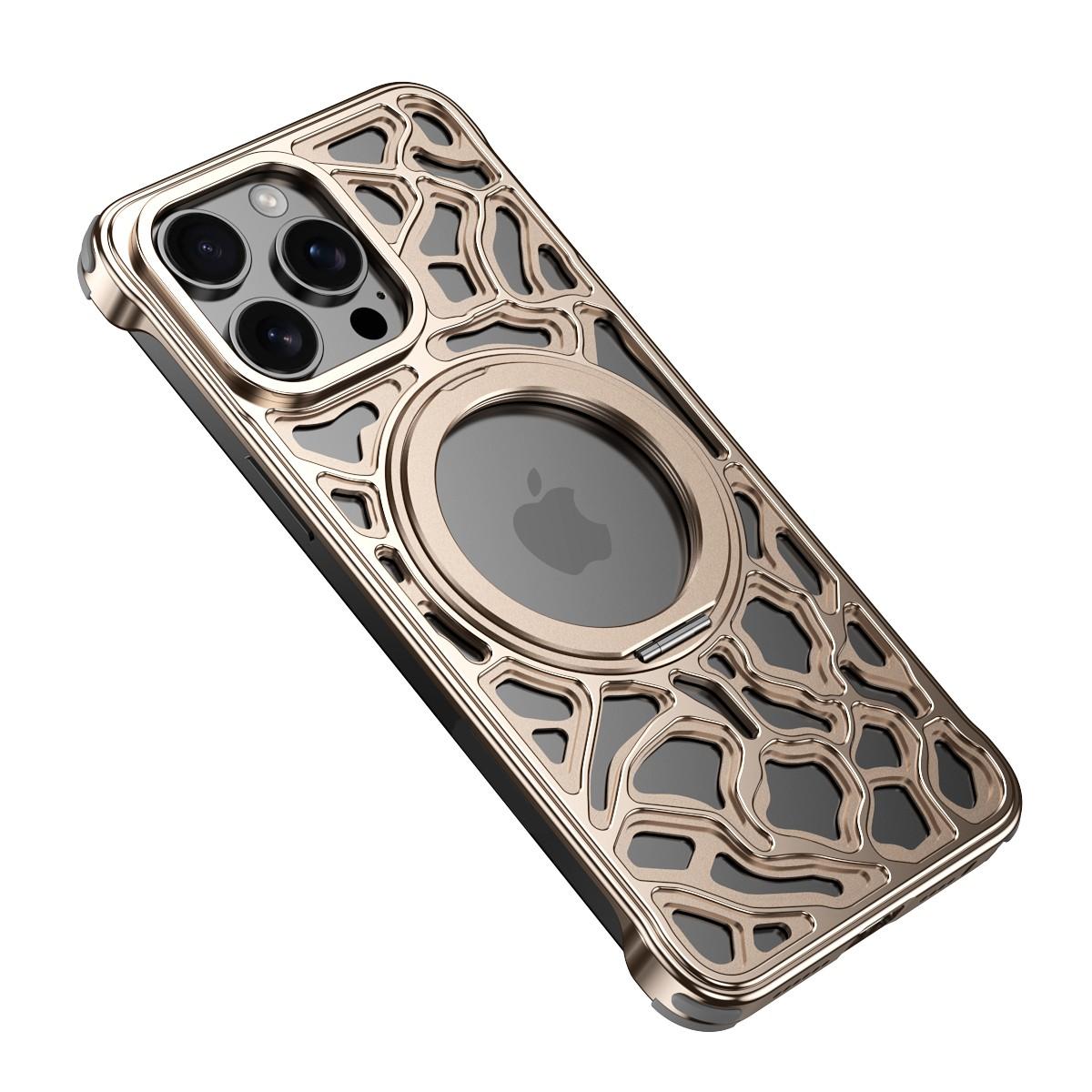 

For iPhone 15 Pro Bumper Case Alloy Metal Borderless Back Cover with Magnetic Kickstand Desert Gold