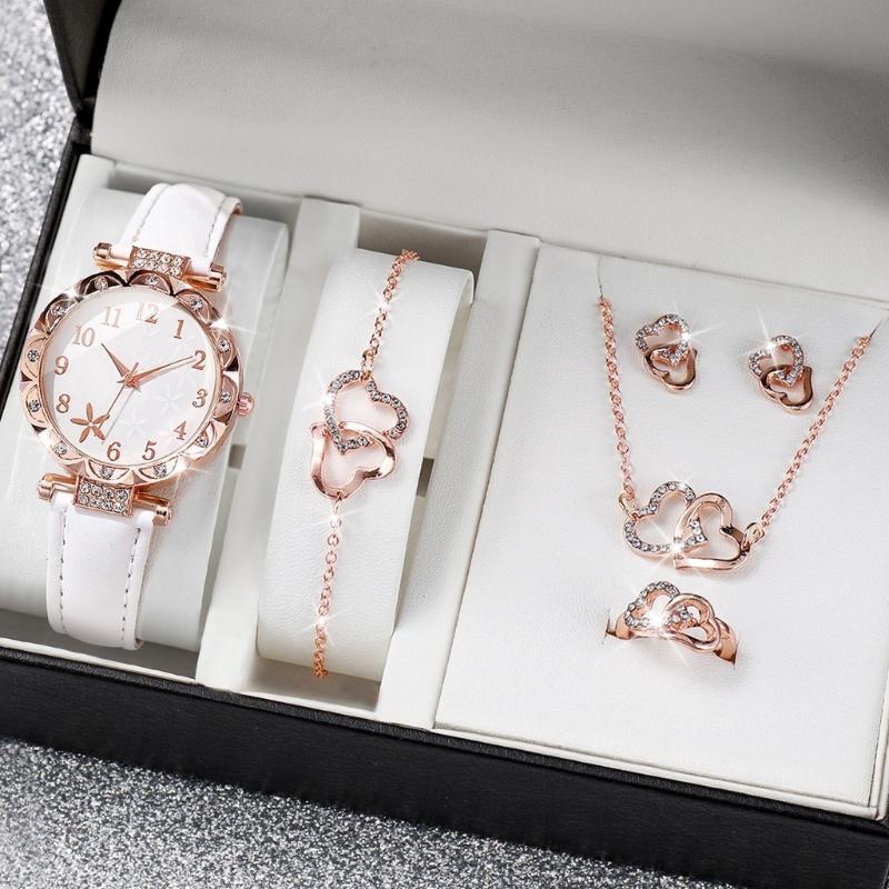6 Peças/Conjunto Relógio Feminino Moda Flores Pulseira de Couro Relógios Analógicos de Quartzo Conjunto de Joias Borboleta(Sem caixa)