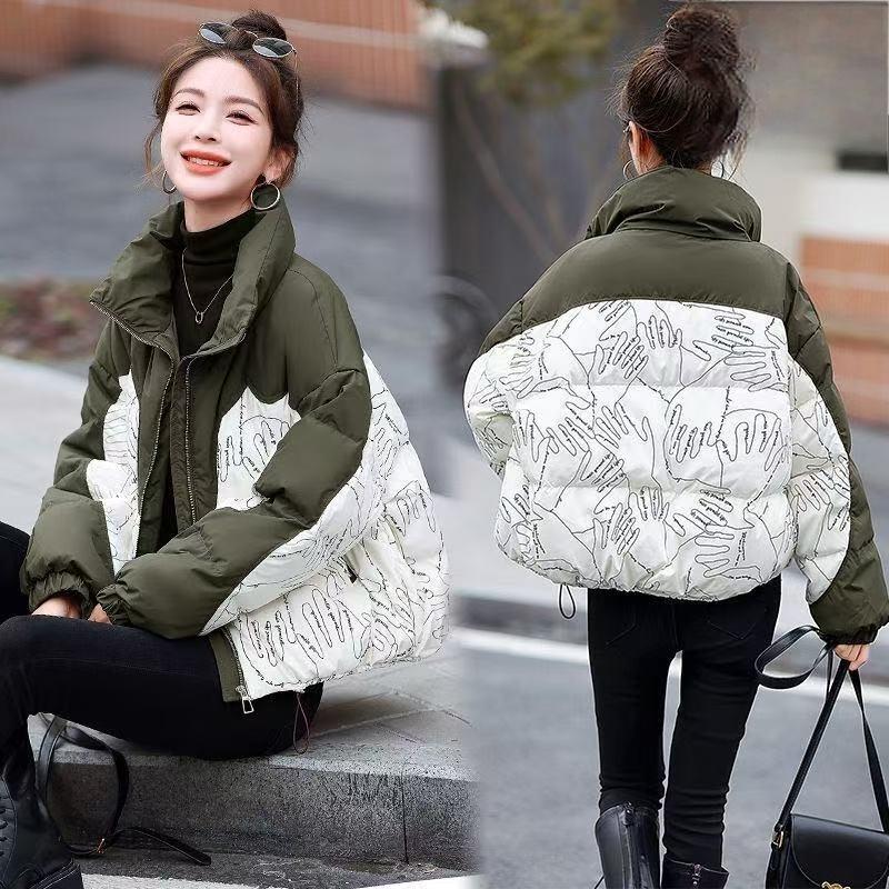 Winter New Fashion Printed Stand Collar Short Padded Jacket Casual Warm Coat