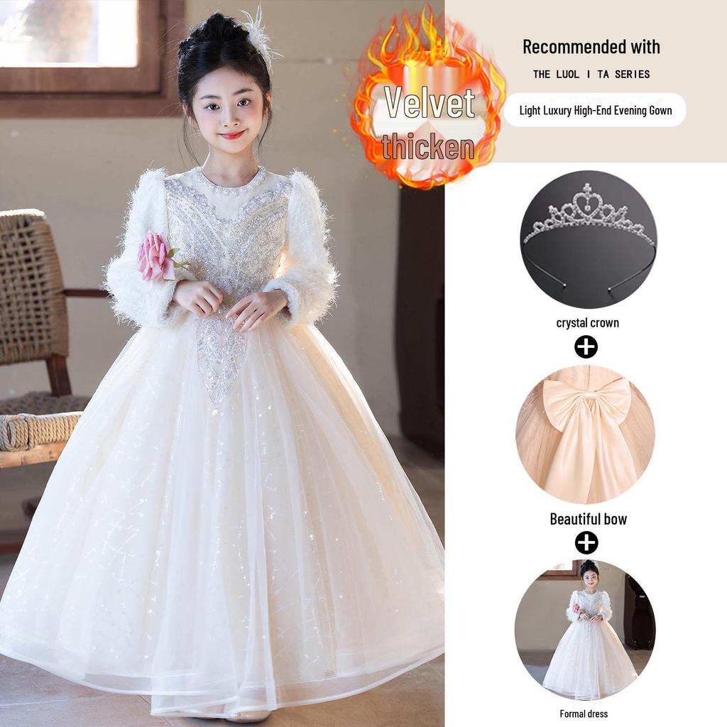 Girls' Luxury Formal Autumn/Winter Princess Dress - High-End Flower Girl Dress for Birthdays, Weddings, and Special Occasions.