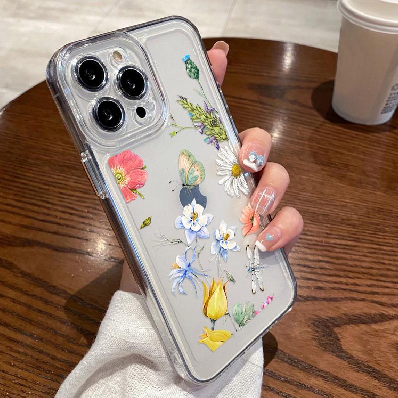 Clear Phone Cover All Inclusive Floral Case For Iphone 16 15 Plus 14 13 12 Mini 11 Xs Xr 7 Samsung S24+ S23 A54 Silicone Soft Butterflies Print Cover