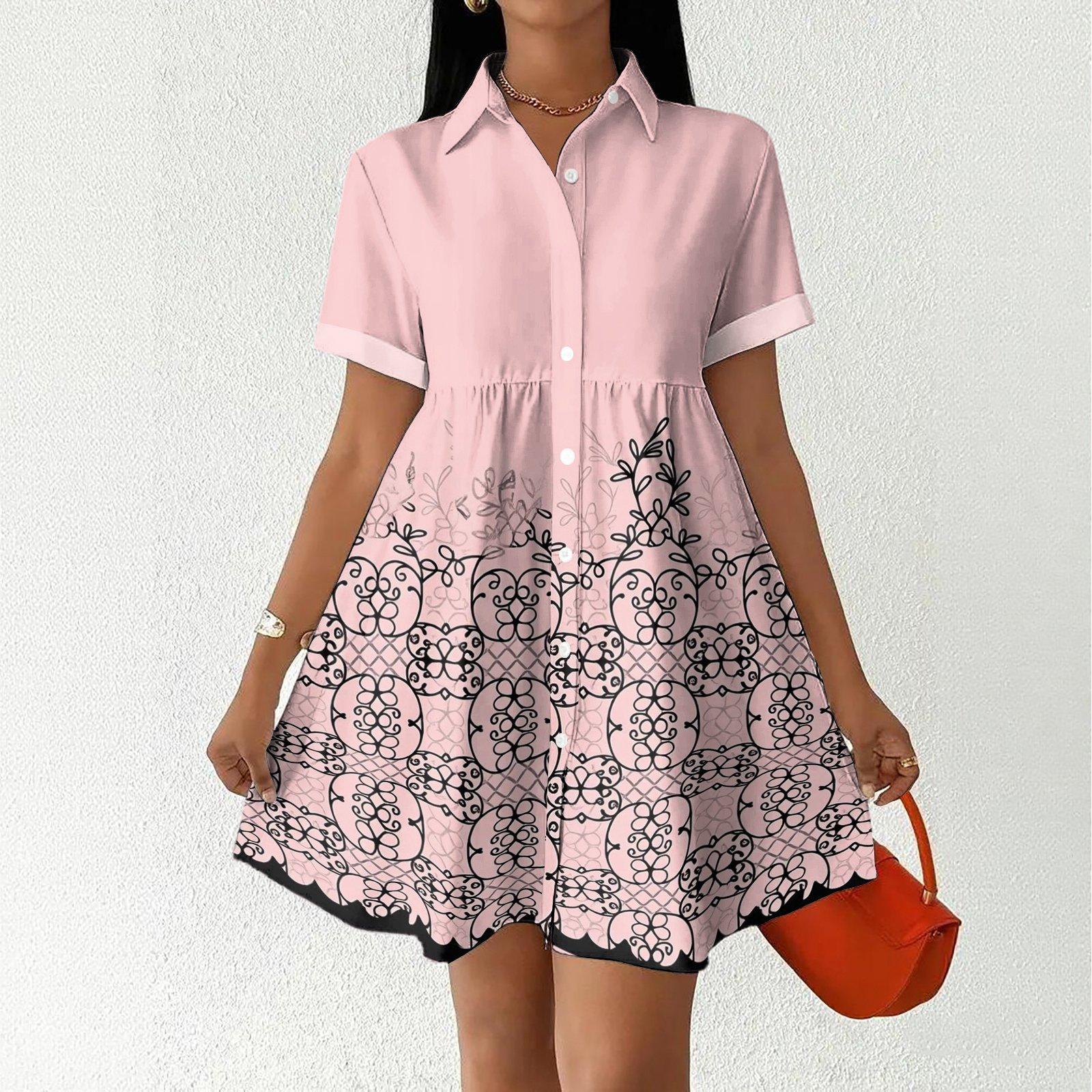 

Casual Loose Fit Shirt Dress for Women Button Front Short Sleeve Collared Dress Lightweight Comfortable Summer Dress S рожевий