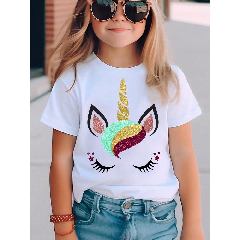 Summer Fashion Girls' Short Sleeved T-shirt "Unicorn" Printed Casual Versatile Top