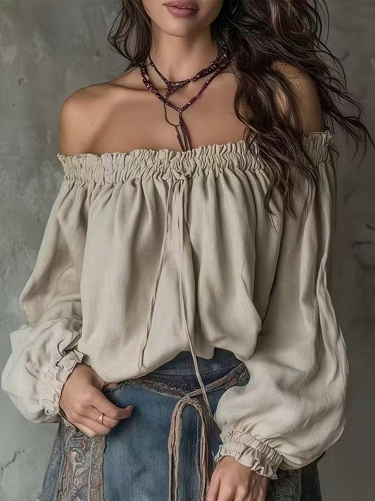 Nuovo top monospalla europeo e americano, manica a sbuffo, scollo elasticizzato, design allacciato, manica lunga alla moda ed elegante da donna