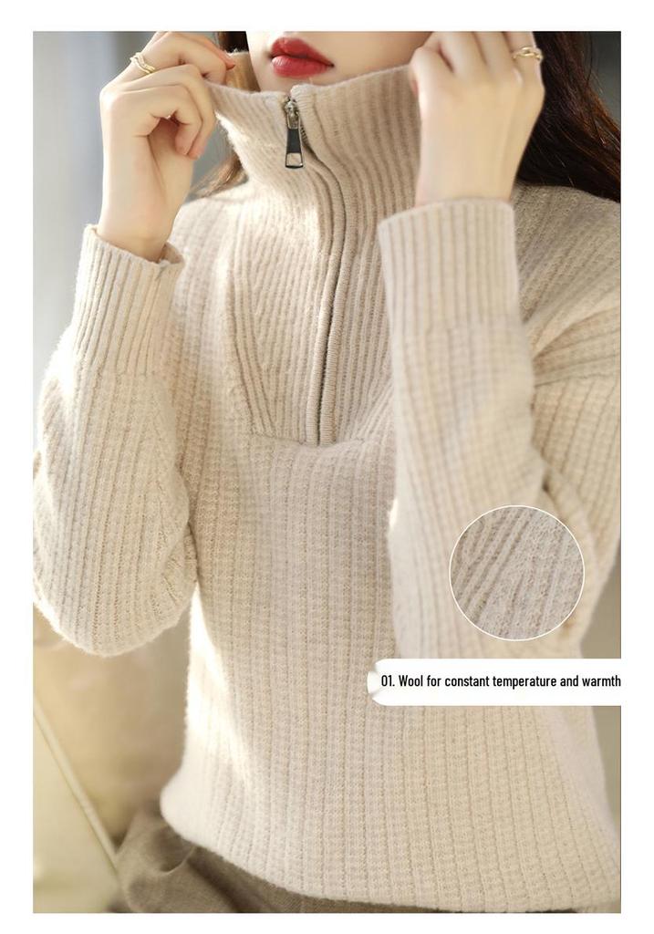 Women's Wool Lapel Cardigan - 2025 Autumn/Winter Half-Zip Knit Pullover Sweater