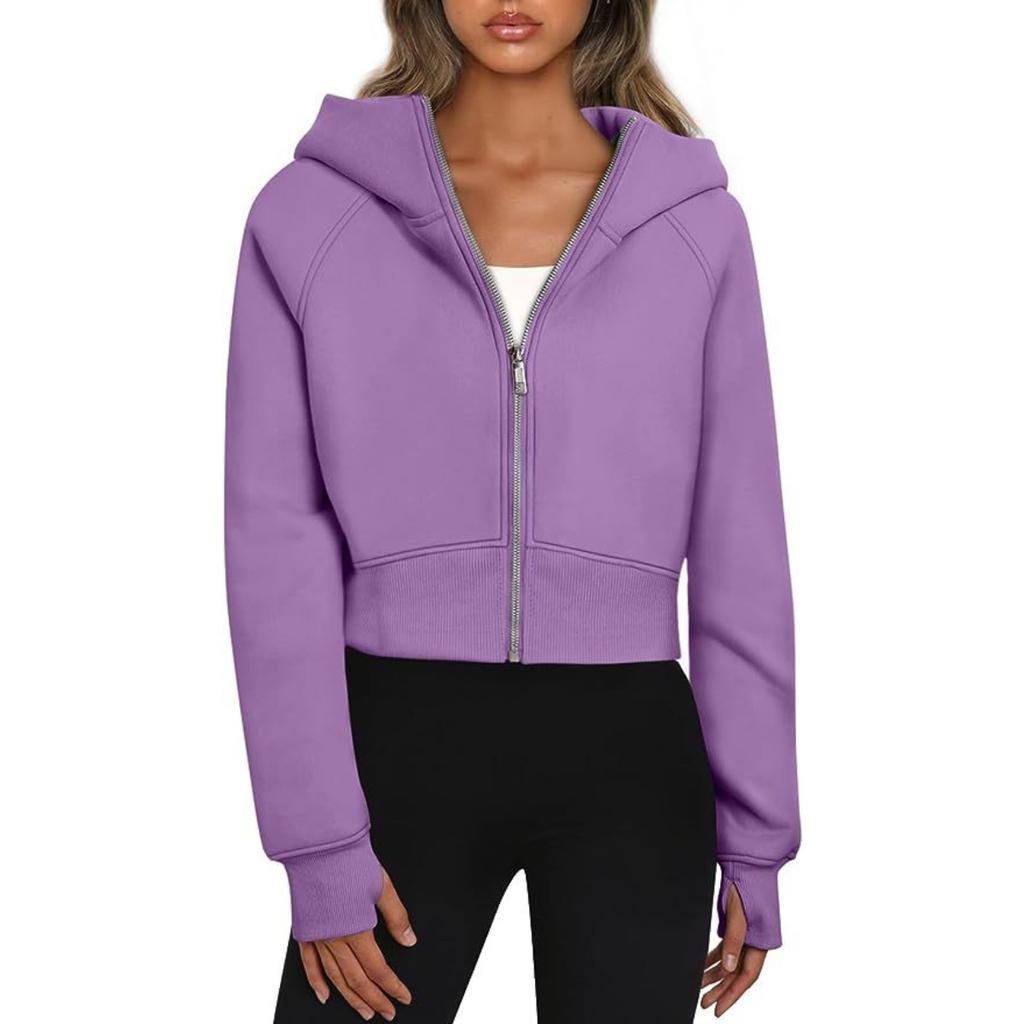 Women's Hooded Long Sleeve Full Zip Cropped Jacket Slim Fit Solid Color Casual Autumn Sweatshirt