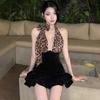 Velvet Leopard Patchwork Halter Mini Dress - Sexy, Slimming, Backless Design