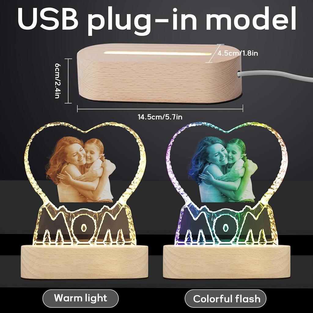 Custom 3D Crystal Photo, Personalized 3D Crystal Night Light Heart-shaped Photo Frame, Best Gift for Couple Love Women Men Wedding (MOM)