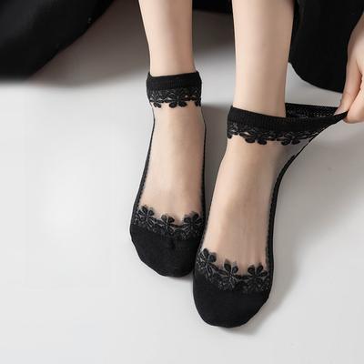 Calcetines de Verano para Mujer Ultra Finos con Bordado de Encaje de Seda Transparente de Cristal Elásticos Suaves Elásticos Transpirables