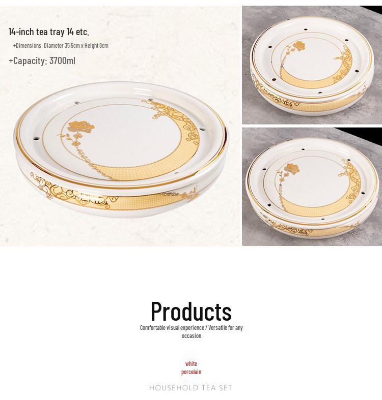 14-inch Ceramic Round Tea Tray for Gongfu Tea, with Double-Layer Water Storage