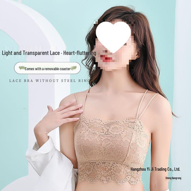 Lace Camisole Bustier Top with Strapless Back, Chest Pads, Wire-Free Push-Up, Anti-Exposure Design for Young Girls