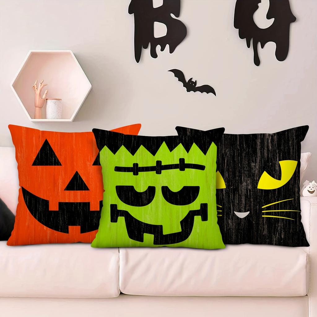 4pcs Halloween Pillow Covers 18*18Inch Linen Blend Throw Pillow Cover Pumpkin Cat Ghost Pattern Cushion Cover for Home Couch