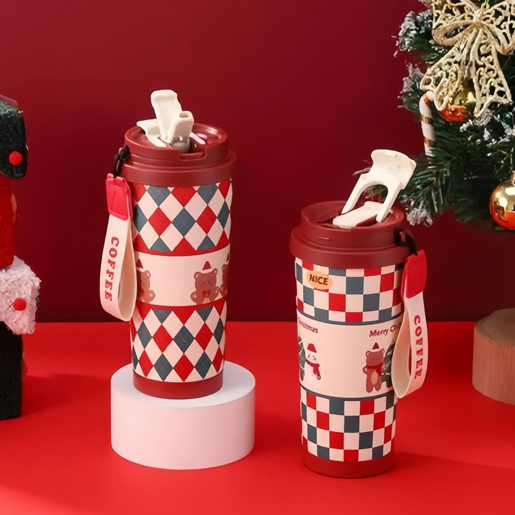 Christmas Stainless Steel Insulated Cup Double-layer Water Mug With Lid And Straw For Office Students Travelers Outdoor