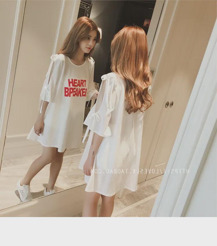 2024 Korean Style Off-Shoulder Bowknot Print Mid-Length T-shirt Dress with Five-Point Sleeves.