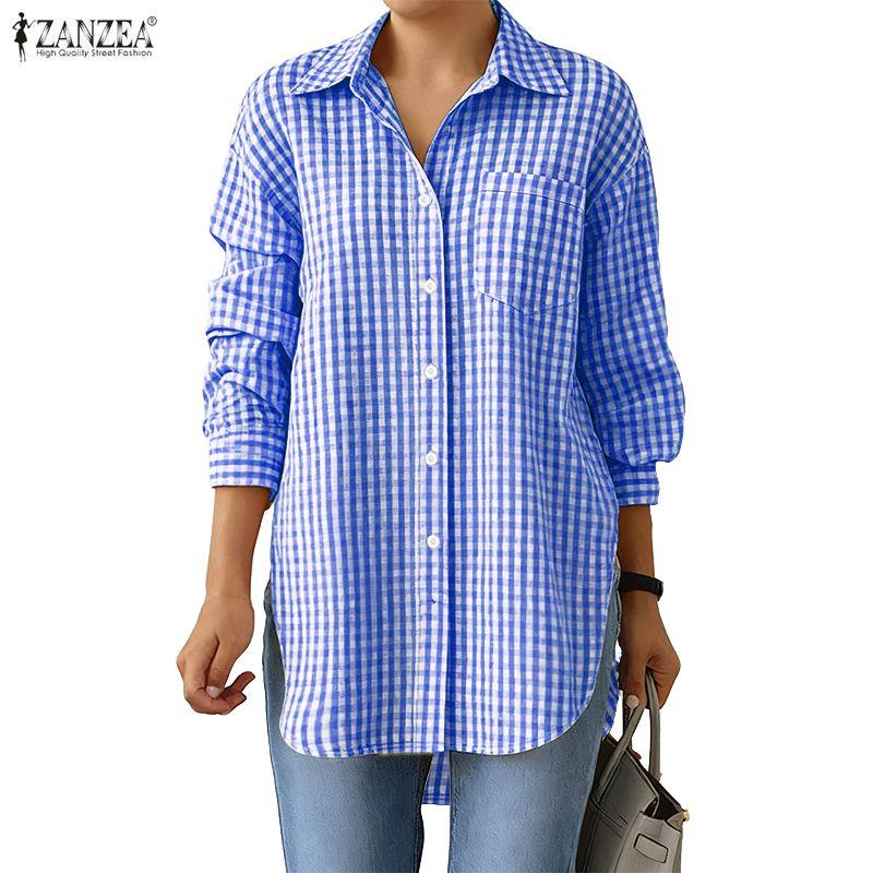 

ZANZEA Женская повседневная блузка с отложным воротником, принтом в клетку, свободного кроя, с длинным рукавом 2XL синий