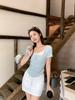 Blue fake two-piece short-sleeved T-shirt women's summer sweet and spicy new waist thin pleated square collar design top